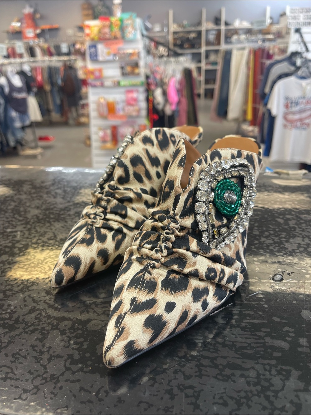 Kurt Geiger Leopard Print Mules with Crystal Eye Accent - Picture 3 of 8